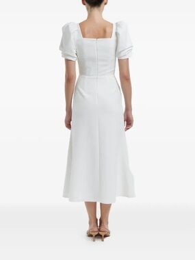 Square-Neck White Midi Dress with Puff Sleeves